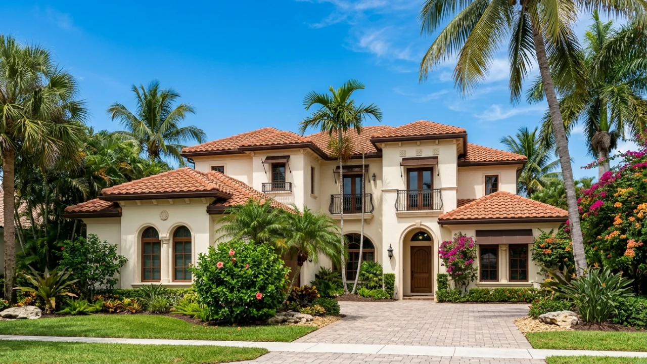 Residential barrel tile roof repair in Coral Springs FL with Spanish clay tiles and palm trees