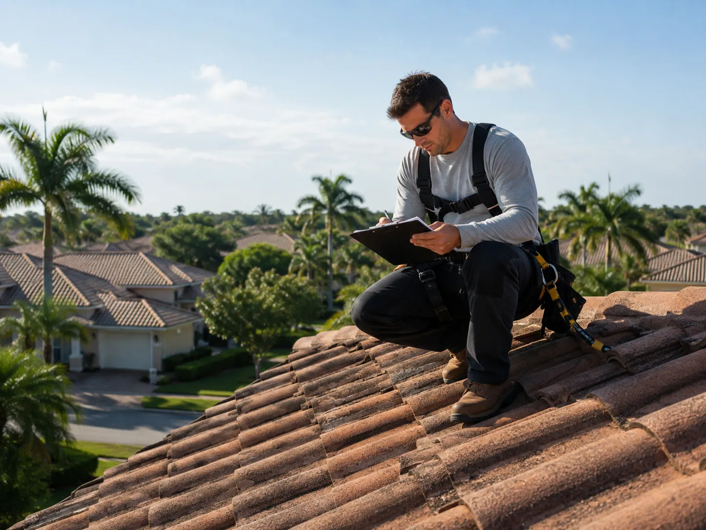 Roofing technician inspecting a tile roof in Coral Springs, Florida
