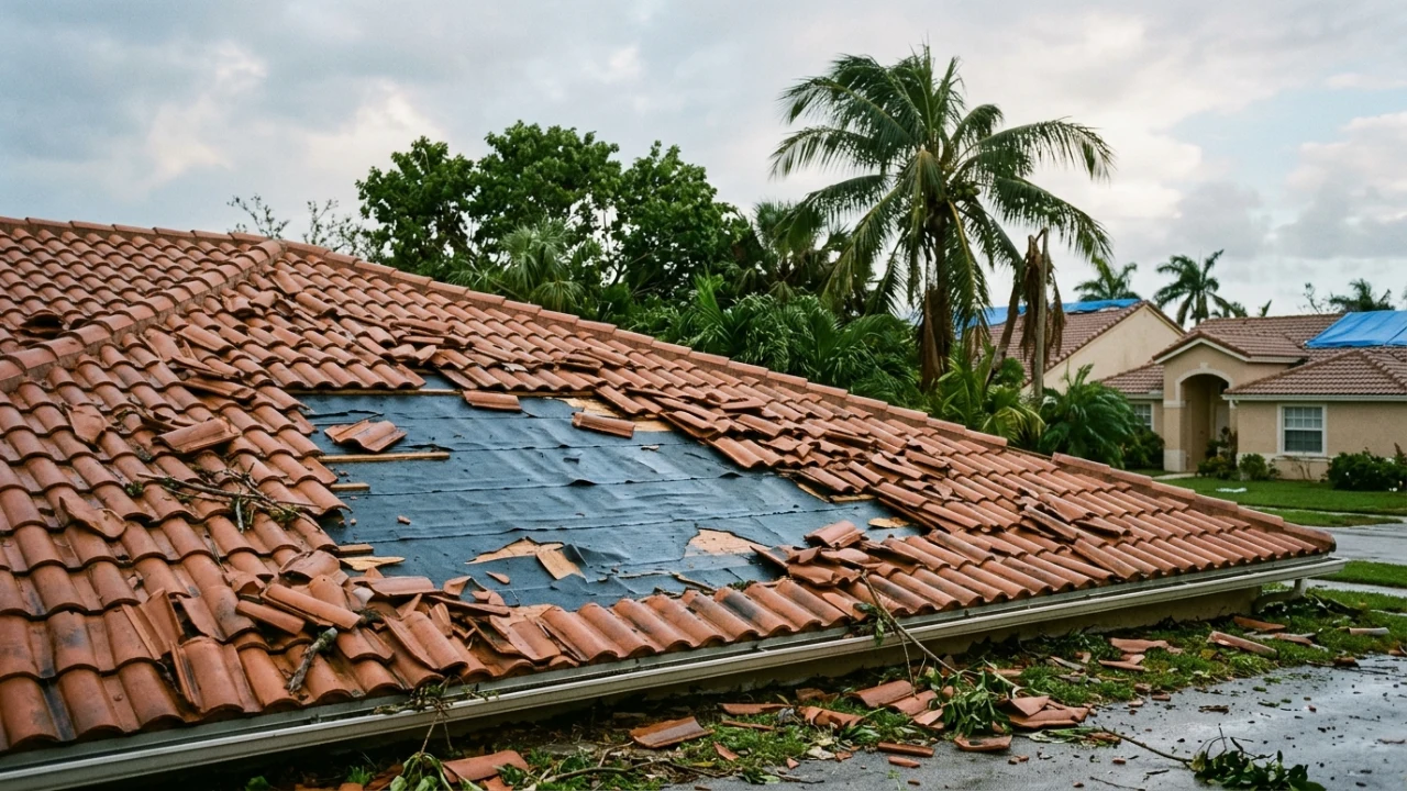 Hurricane storm damage on a Coral Springs roof