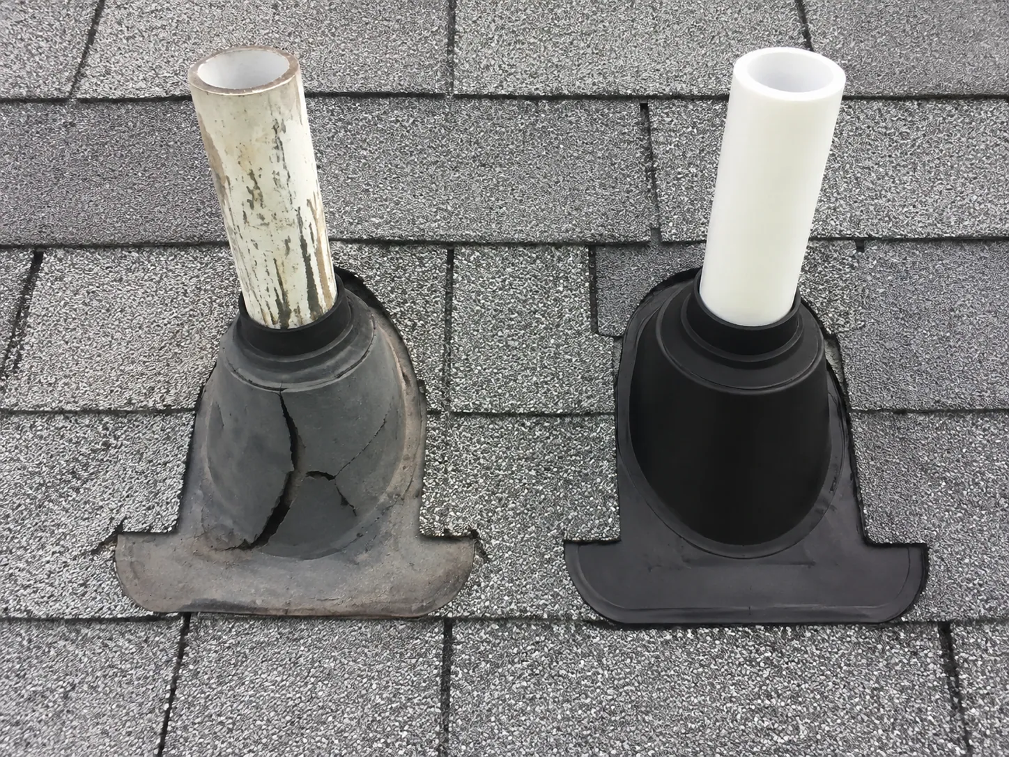 Failed and new roof vent pipe boots on a Coral Springs roof