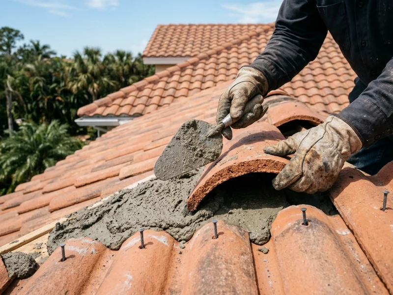 Roofing technician applying mortar bedding beneath clay tiles on Coral Springs roof