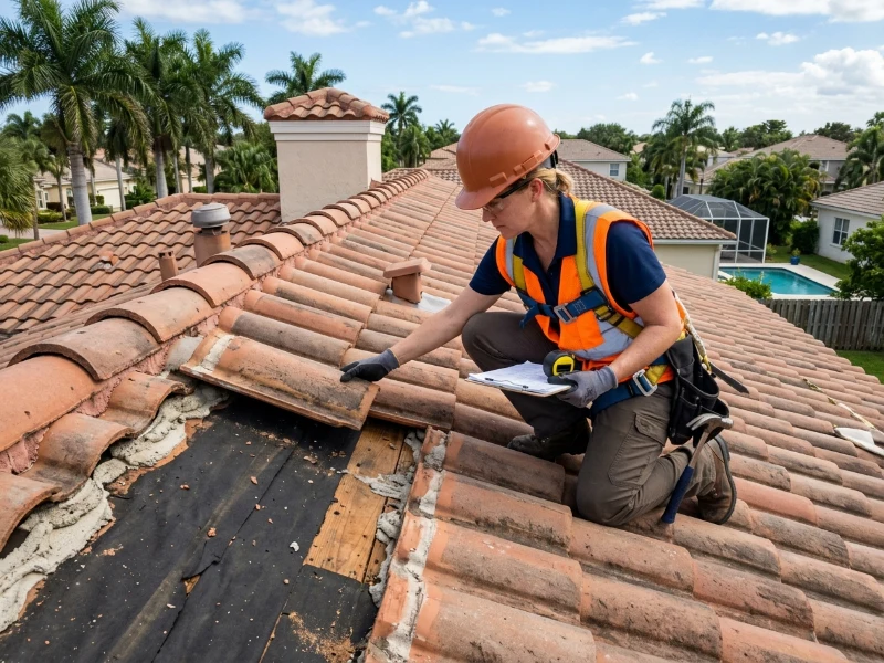Professional roofing inspector examining roof tile underlayment in Coral Springs FL