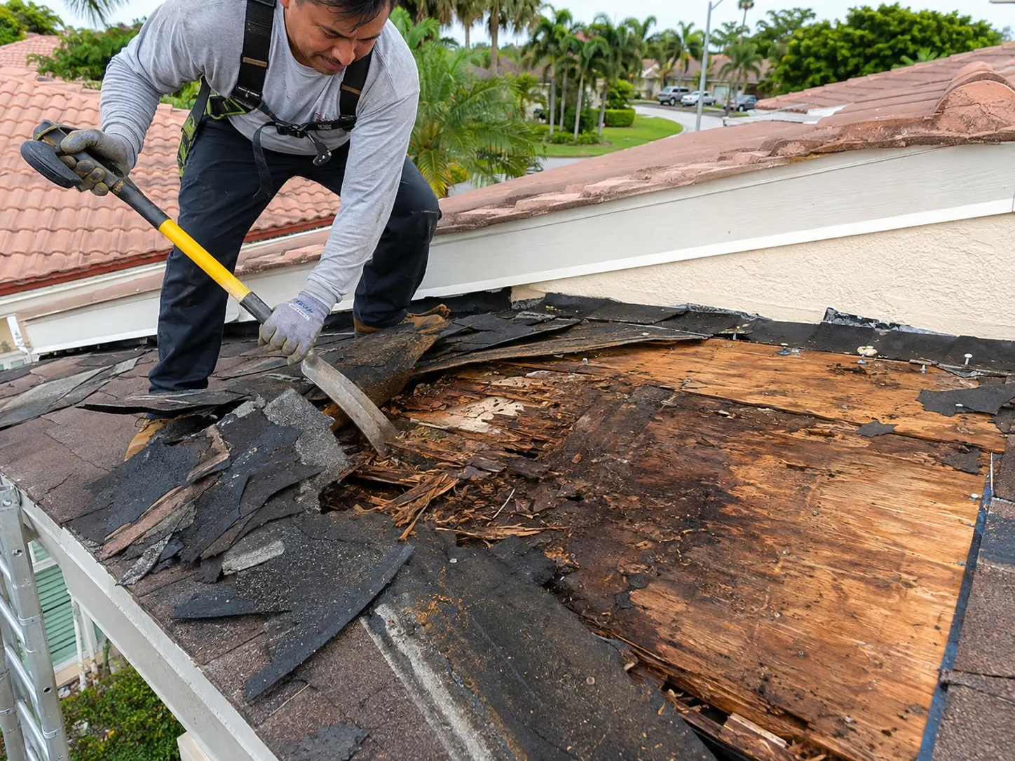 Water-damaged roof decking repair in Coral Springs, Florida