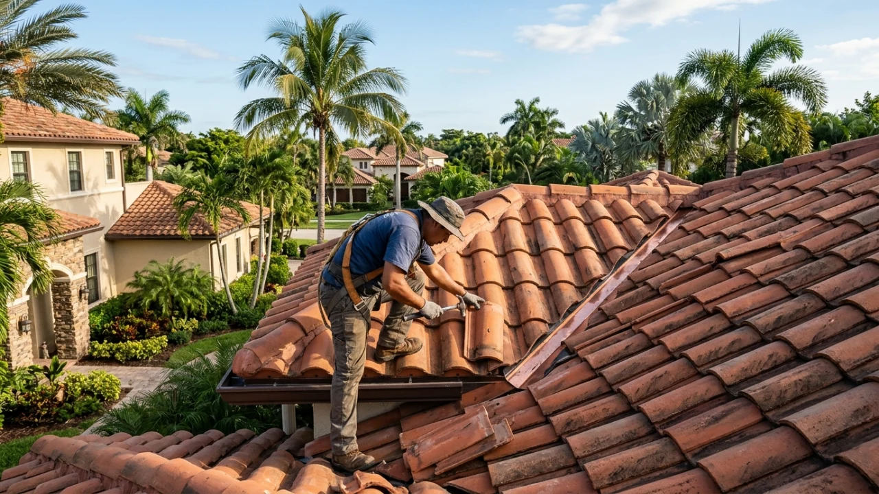 Spanish barrel clay tile roof valley repair on Coral Springs Florida luxury home